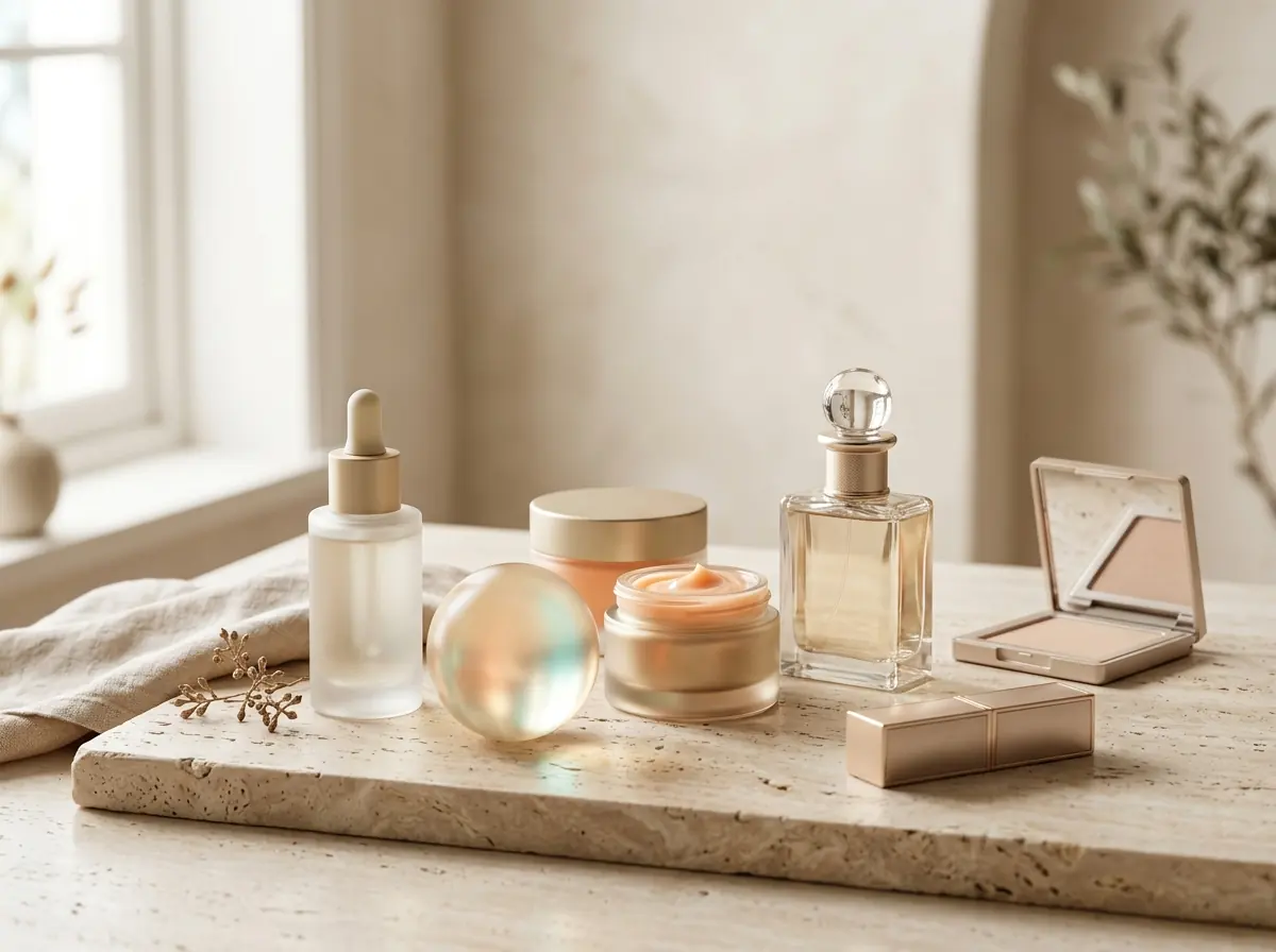 Illustrative still life of unbranded skincare, makeup and fragrance products
