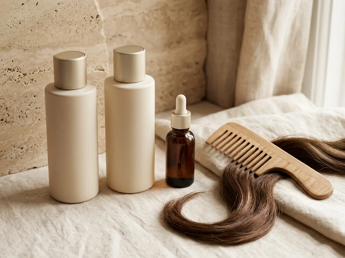 Illustrative still life of unbranded shampoo bottles, hair oil and a wooden comb