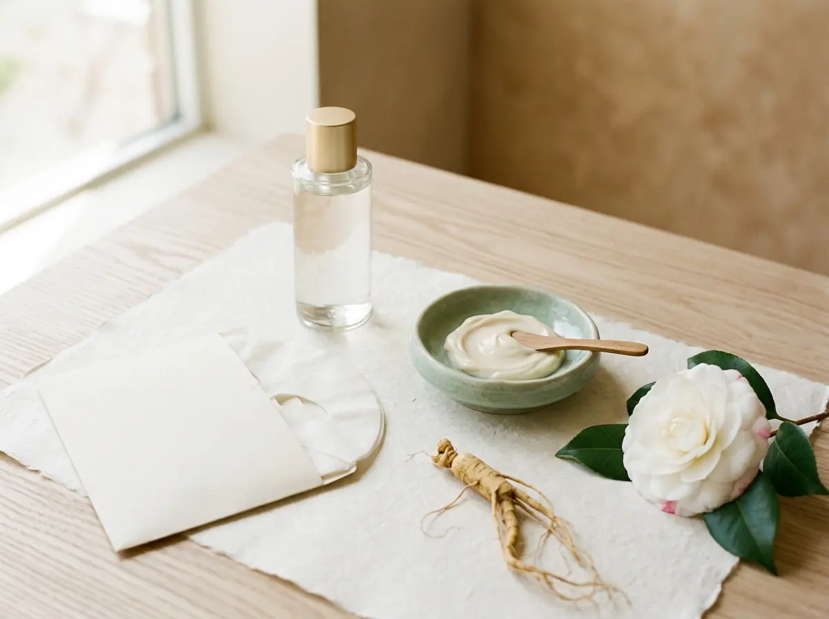 Illustrative still life of an unbranded essence, sheet mask, ginseng and camellia