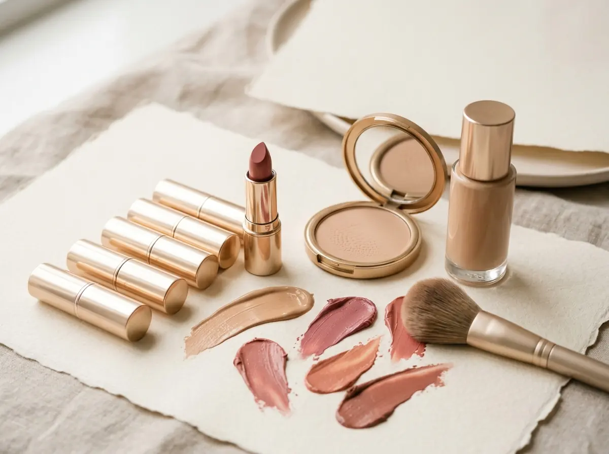 Illustrative still life of unbranded lipsticks, powder compact and swatches
