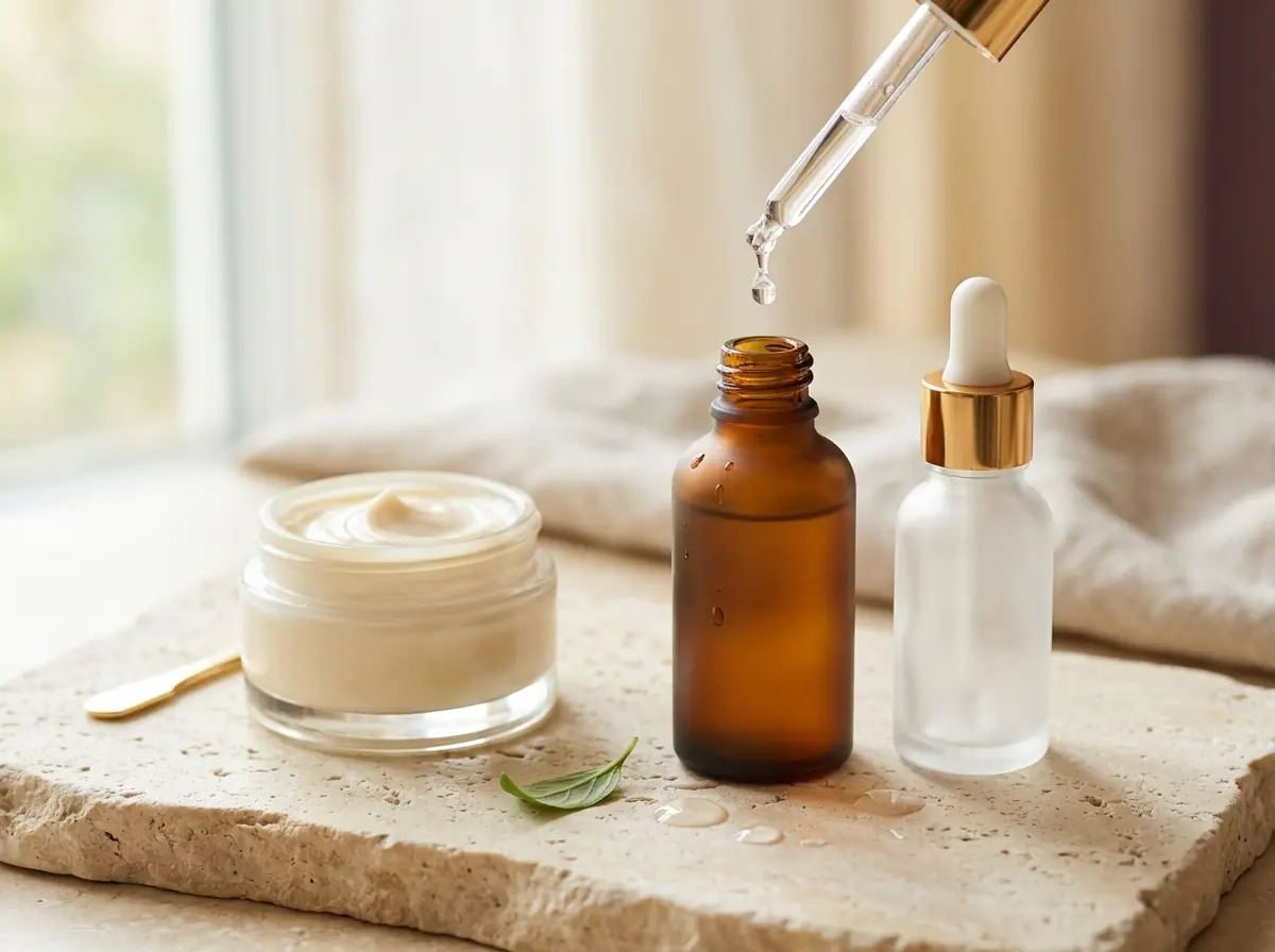 Illustrative still life of unbranded serum bottles and a cream jar
