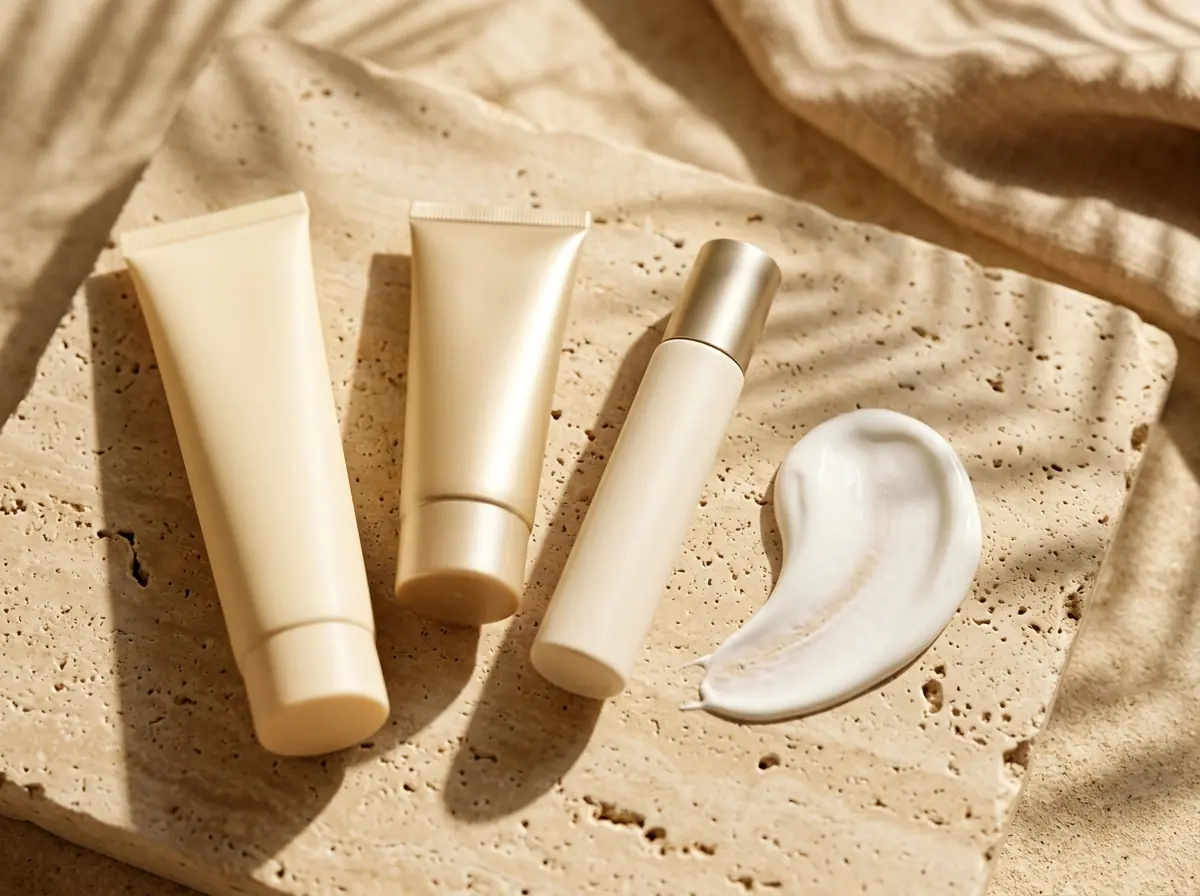Illustrative still life of unbranded sunscreen tubes in sunlight