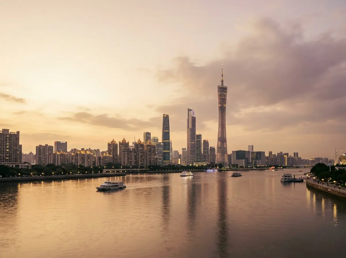 示意图：黄昏时分的广州珠江天际线