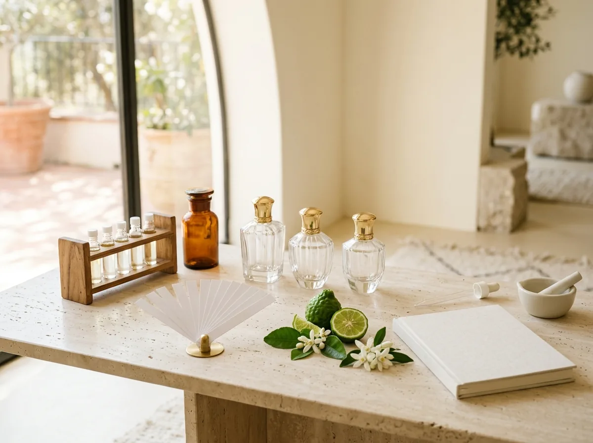 Illustrative image: unbranded fragrance bottles, smelling strips and citrus blossoms on a perfumer's desk