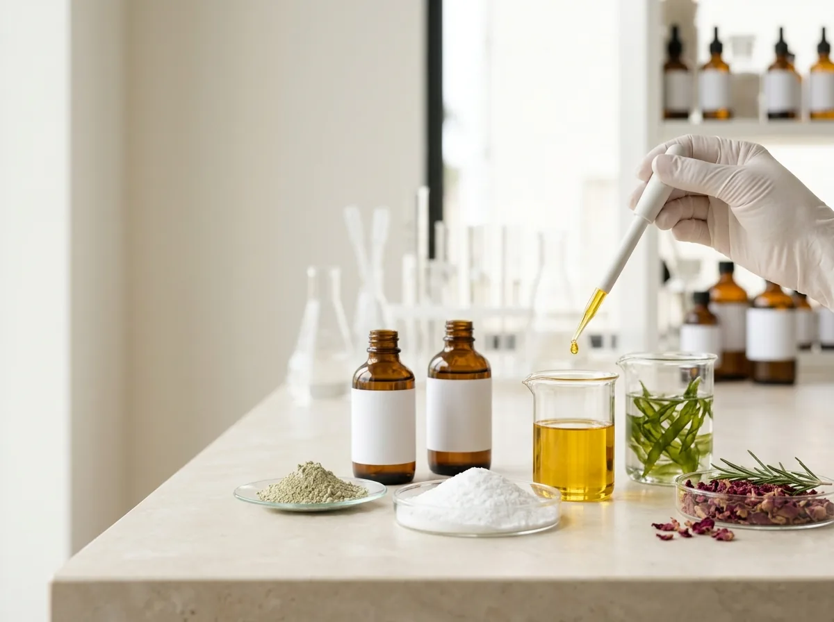 Illustrative image: cosmetic raw ingredients — powders, botanical extracts and oils on a lab bench